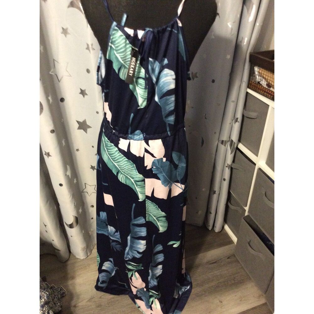 New NWT Floral Maxi Sleeveless XL Blue Tropical Spaghetti Straps Pockets